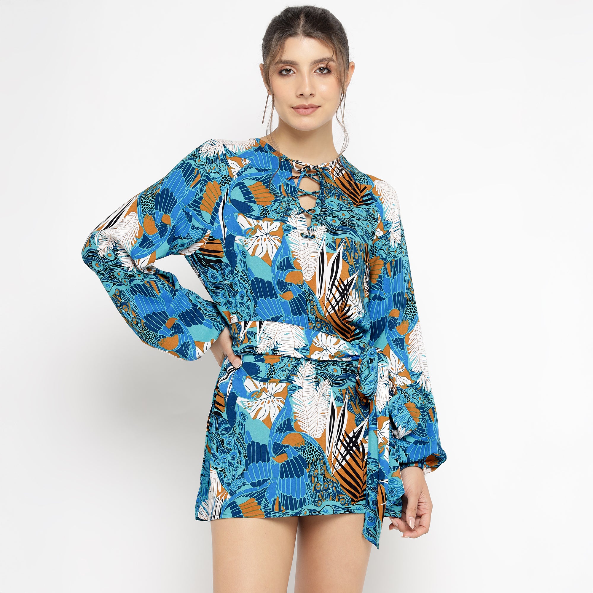 Blue Printed Mini Dress